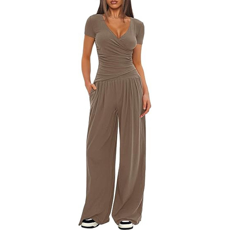 Women's Short Sleeve Sportswear & Wide Leg Pants Set