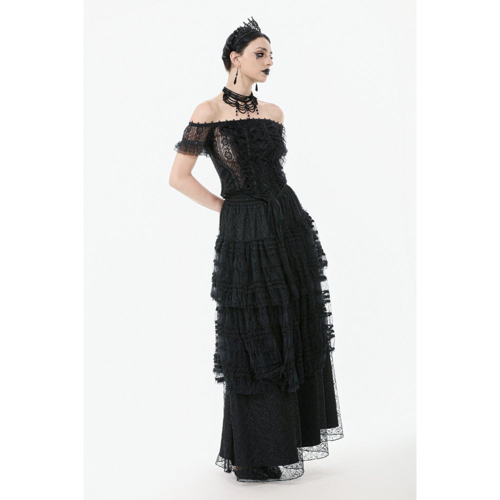 Jupe gothique en velours et dentelle Morticia Dark in Love noire
