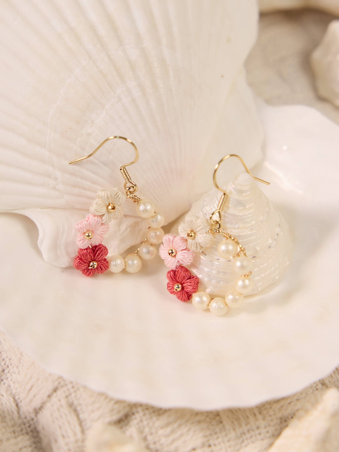 Handmade Burgundy Flower & Pearl Halo Micro-Crochet Earrings