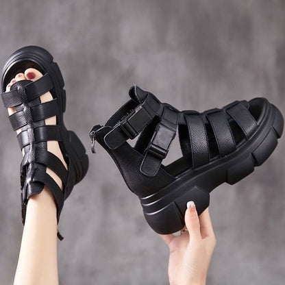 Sandales Rétro Élégantes à Plateforme Évidée en Cuir pour Femmes