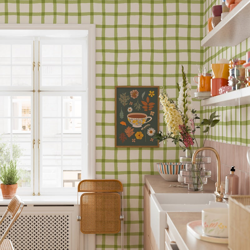 COTTAGE GINGHAM - SOFT MOSS WALLPAPER