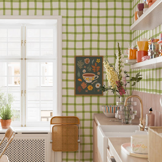 COTTAGE GINGHAM - SOFT MOSS WALLPAPER