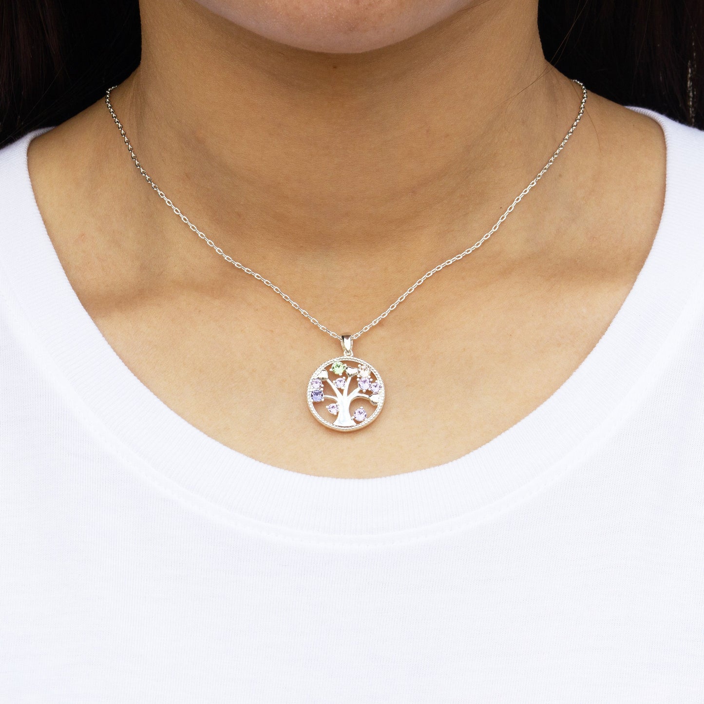 Silver Plated Chakra Tree of Life Necklace Created with Zircondia® Crystals