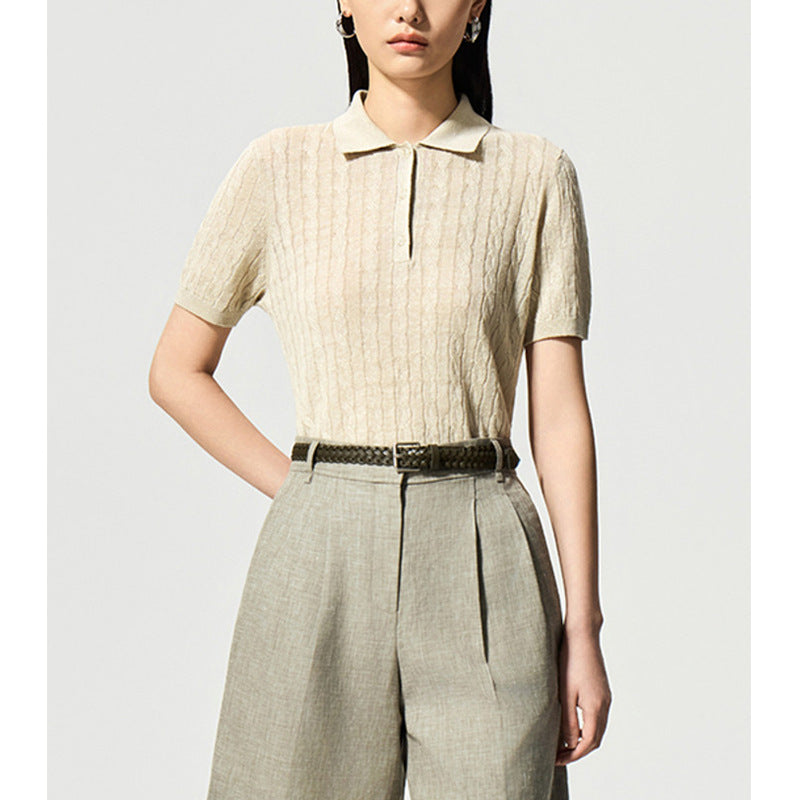 Vintage Preppy Style Polo Neck Linen Knit Short Sleeve