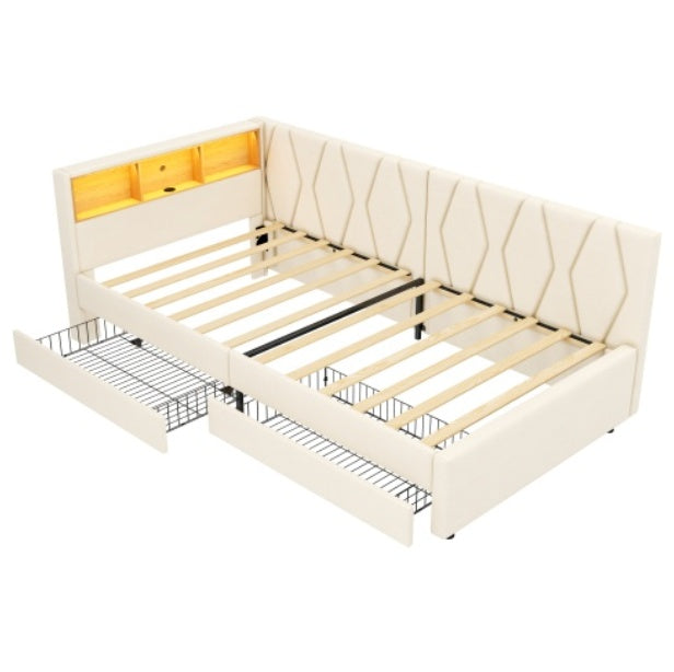 3ft Single Daybed With Two Storage Drawers, LED Modern Bed Frame With Charging Station, Linen Sofa Bed For Living Room Bedroom Study Room, 90X190cm, Easy Assembly, Beige