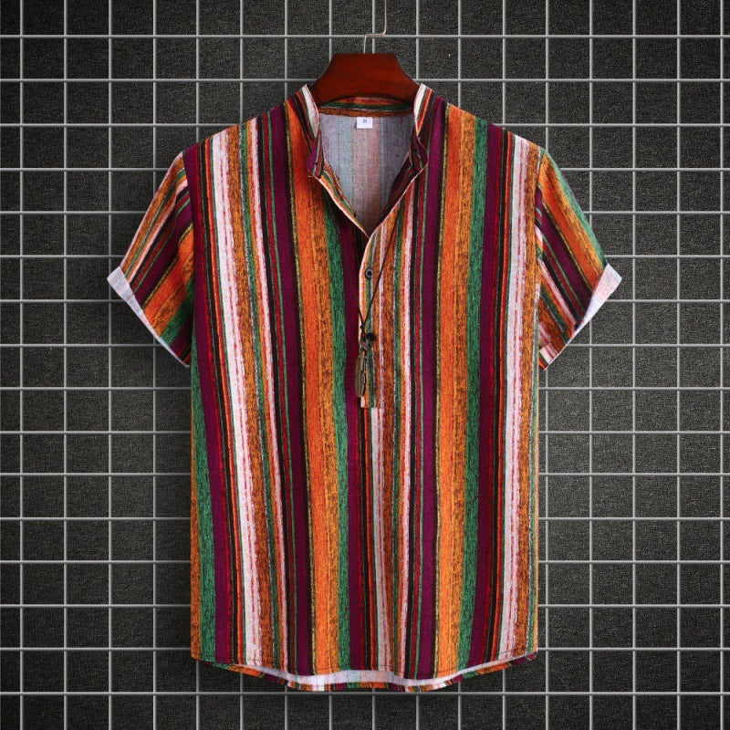 Men's Stand Collar Striped Cotton-linen Shirt