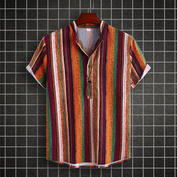 Chemise rayée en coton et lin à col montant pour homme