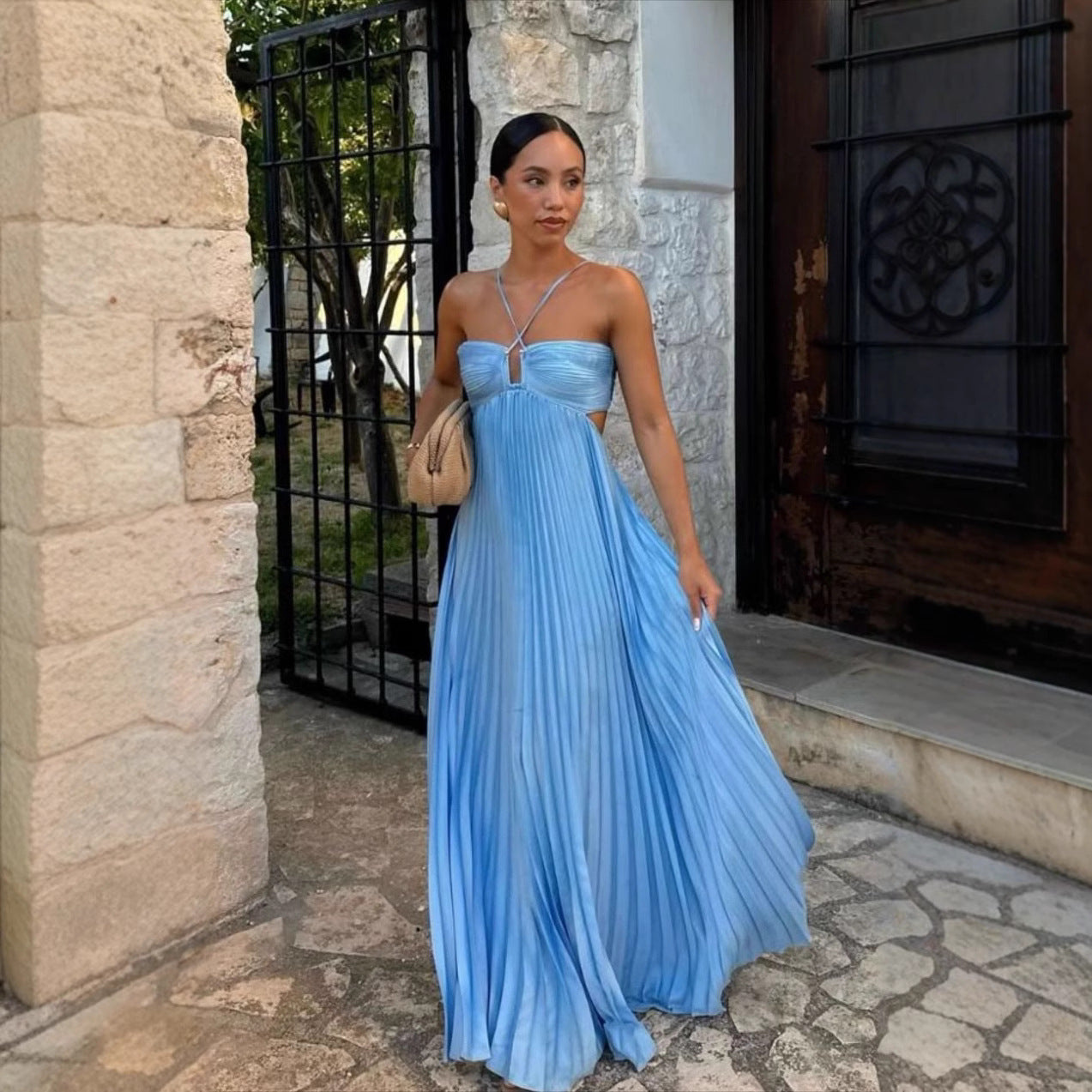 Pleated Sleeveless Sling Dress