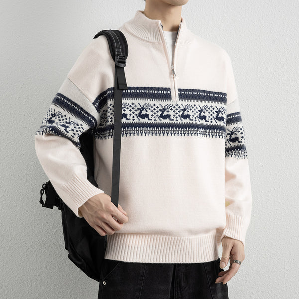 Casual Color Block Long Sleeve Half Zip Stand Collar Men's Sweater