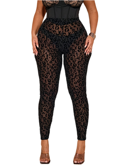 Plus Size Women's Black Leopard Print Sheer High-Waisted Leggings