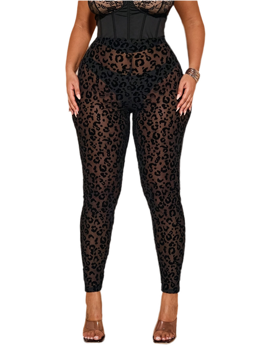 Legging taille haute transparent imprimé léopard noir pour femme grande taille