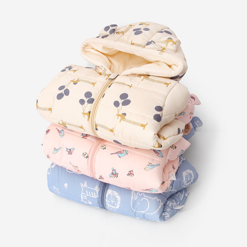 Down Cotton-padded Jacket With Fleece Thickened And Hooded For Infants And Toddlers
