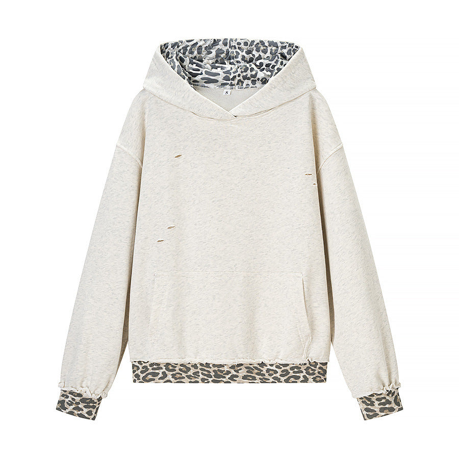 Casual versatile leopard print patchwork ripped hooded sweatshirt