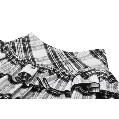 Dark in Love Quinn Punk Black and White Checkered Asymmetrical Messy Net Skirt