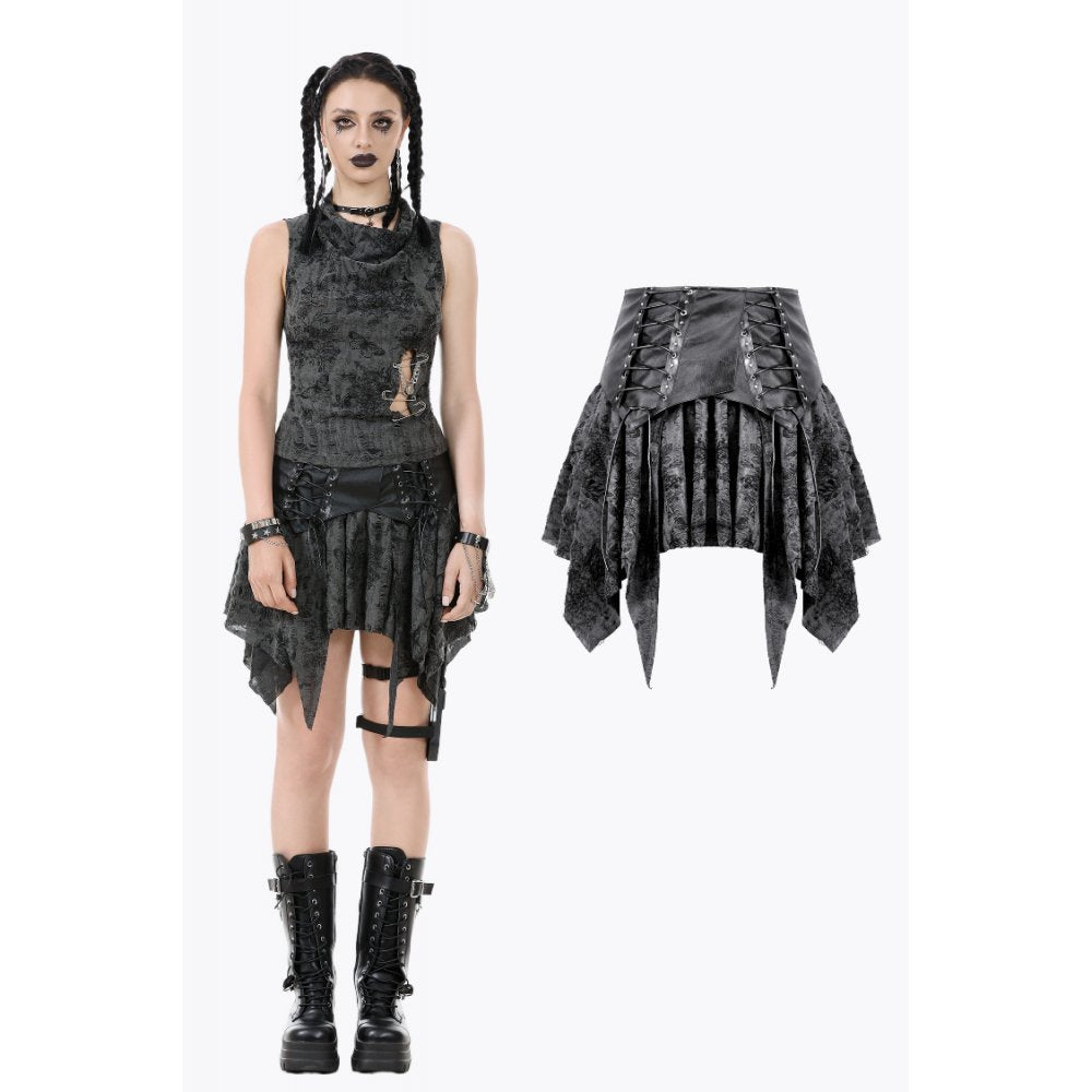 Jupe gothique Dark in Love Elandra avec ourlet mouchoir en dentelle superposée noir anthracite