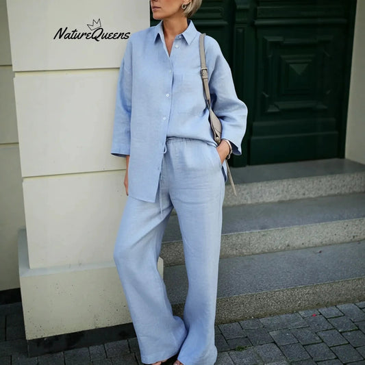 Womens Casual Solid-Color Shirt-and-Loose-Pants Set