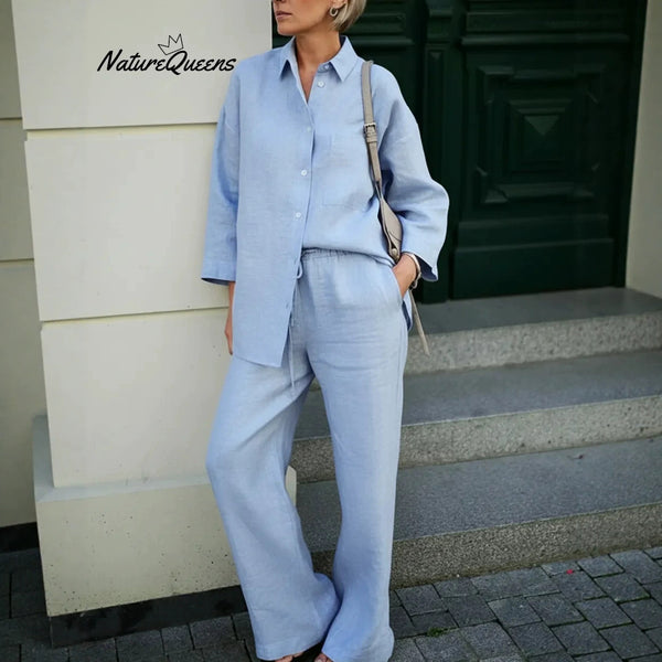 Womens Casual Solid-Color Shirt-and-Loose-Pants Set