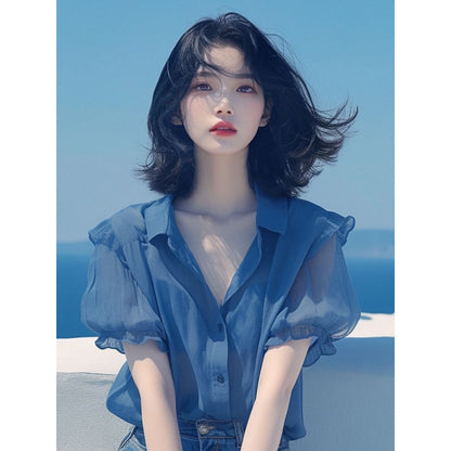 Blue Puff Sleeve Chiffon Small Shirt