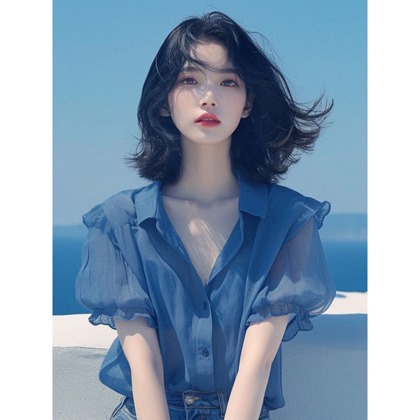 Blue Puff Sleeve Chiffon Small Shirt