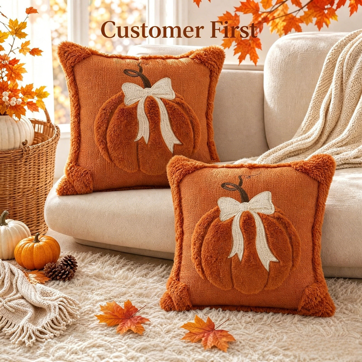 Plush Pumpkin Bow Pillows