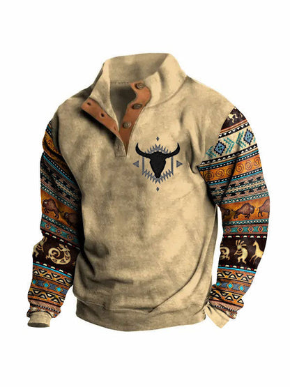Pull homme hiver à col montant, demi-boutonné, manches longues et imprimé numérique