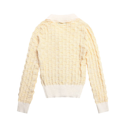 Knitted Cardigan with Plaid Color-blocked Lapel Button-up Sweater