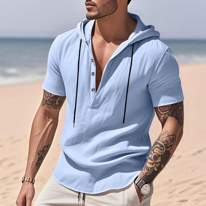 Men's Linen Hooded Henley Shirt - Breathable Short Sleeve