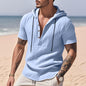 Men's Linen Hooded Henley Shirt - Breathable Short Sleeve