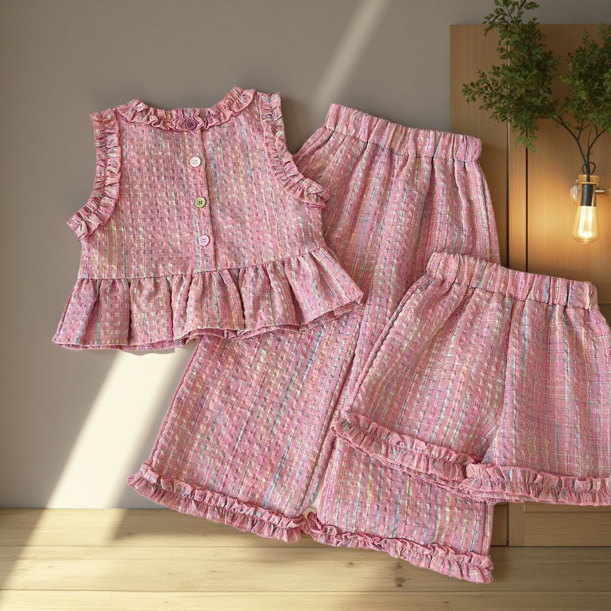 Fashionable Breathable Plaid Sleeveless Top And Shorts Set For Girls