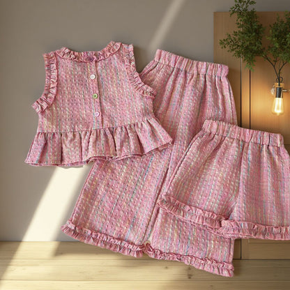 Fashionable Breathable Plaid Sleeveless Top And Shorts Set For Girls