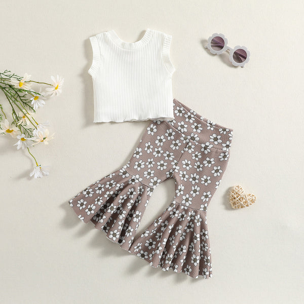Girls' Floral Sleeveless Vest & Bell-Bottom Pants Two-Piece Set