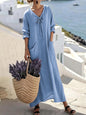Womens Casual V-Neck Long-Sleeve Loose Cotton-Linen Solid-Color Dress