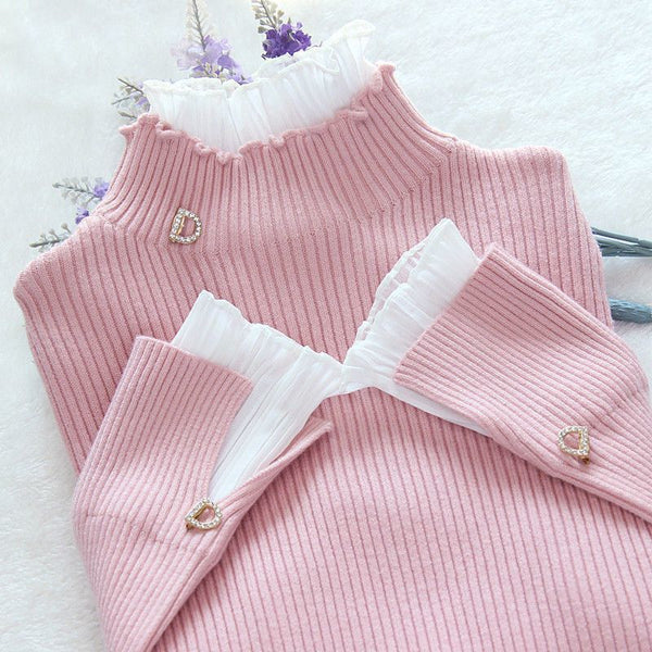 Half High Collar Bottom Sweater With Wooden Ear Edge Top For Women - Stuffs & Savers