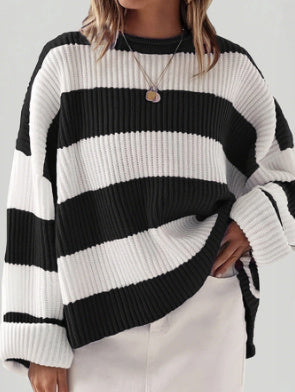 Women's Striped Pullover Sweater - Batwing Sleeve Knit Top