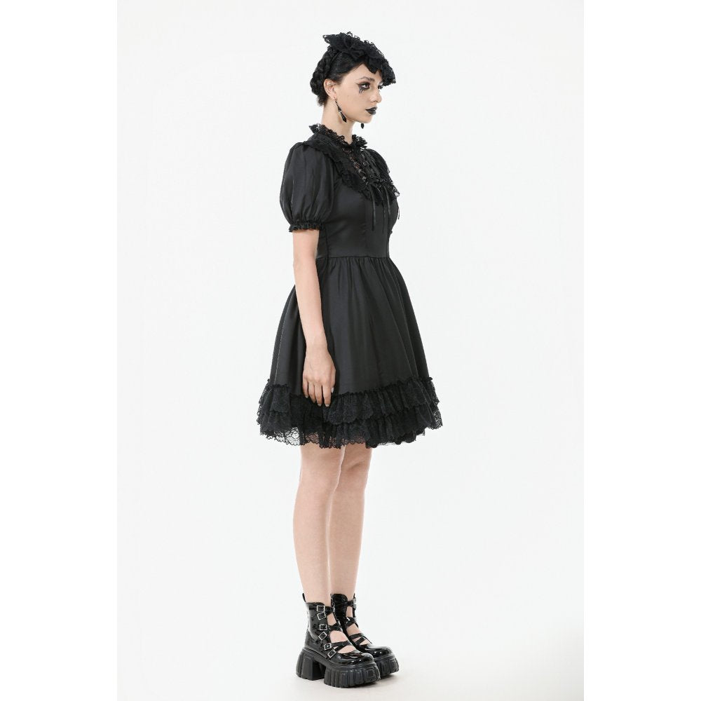 Robe Gothique Noire Dark in Love Belladonna à Manches Bouffantes et Col Montant Lacé