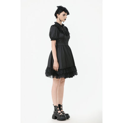 Robe Gothique Noire Dark in Love Belladonna à Manches Bouffantes et Col Montant Lacé