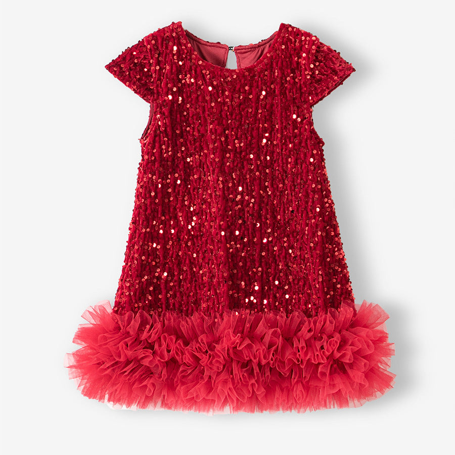 Fashion Girls Sequin Gauze Stitching Vest Dress