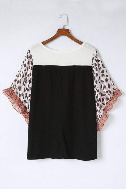 Black Waffle Knit Animal Print Ruffle Sleeves Plus Size Top