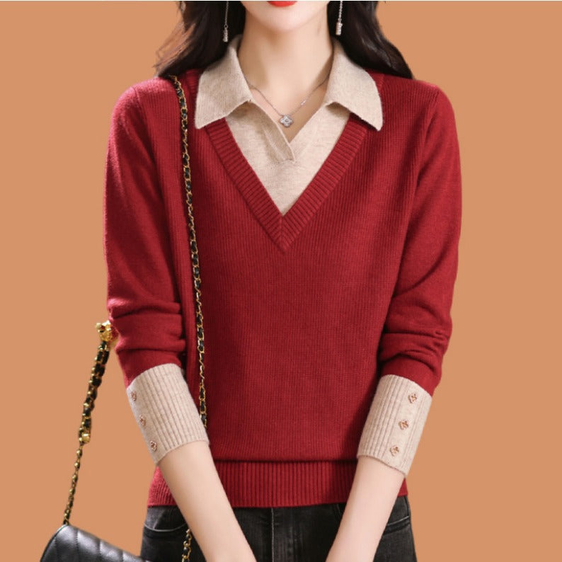Fake two woolen sweaters women's color blocked base sweater