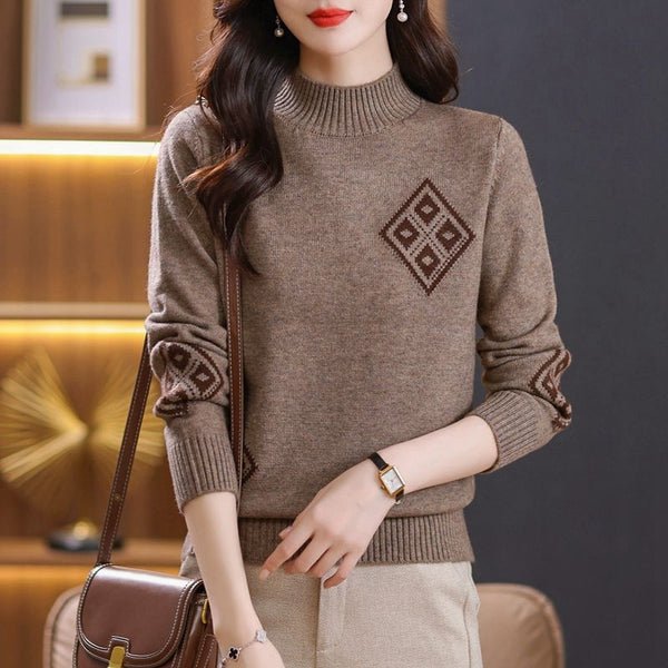 Womens Mock Neck Sweater Top Plaid Colorblock Knitted - Stuffs & Savers
