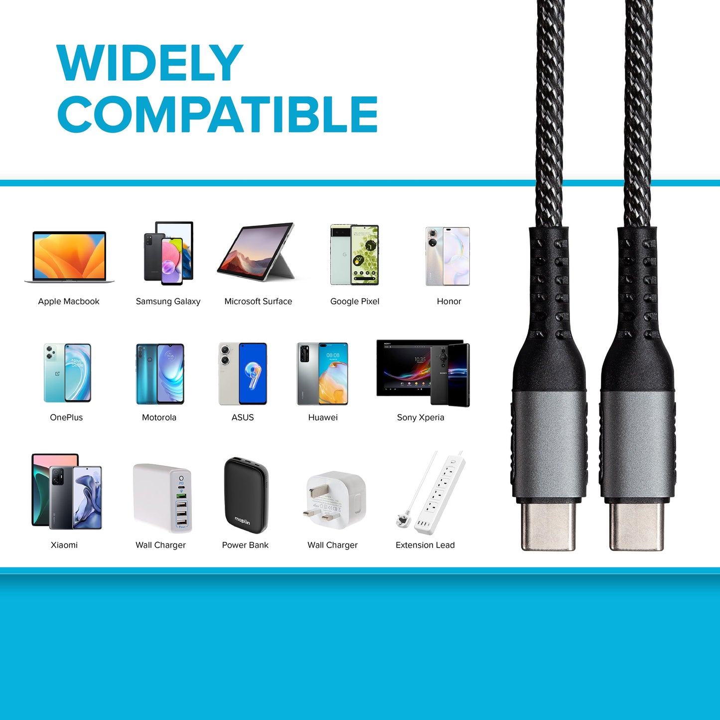 Maplin USB-C to USB-C 60W PD Braided Cable - Silver