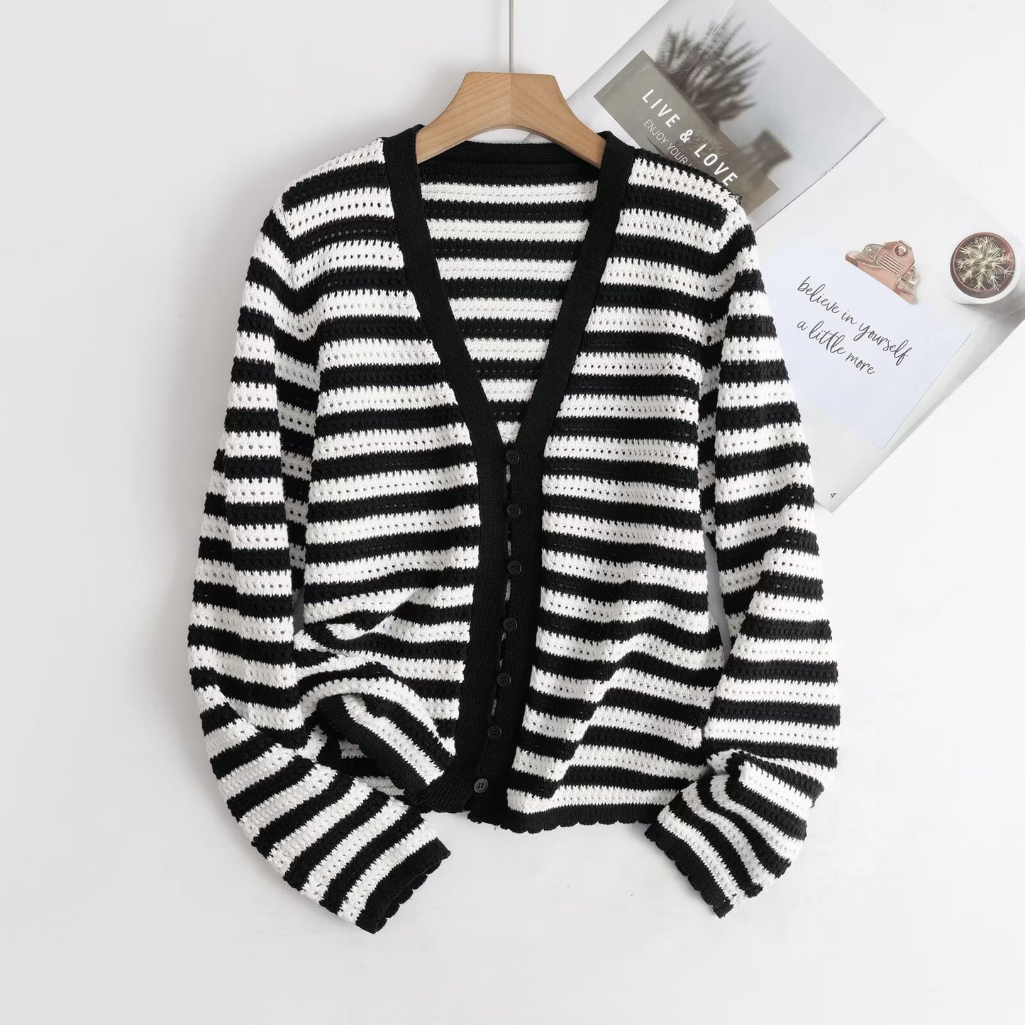 V-neck Striped Knit Cardigan Top