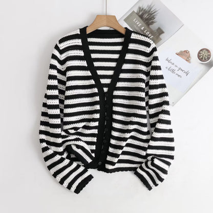 V-neck Striped Knit Cardigan Top