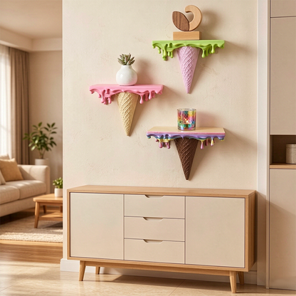 3D Printed Melting Ice Cream Floating Shelf – Wall-Mounted Drip Wall Decor, Funny Irregular Artistic Storage Rack