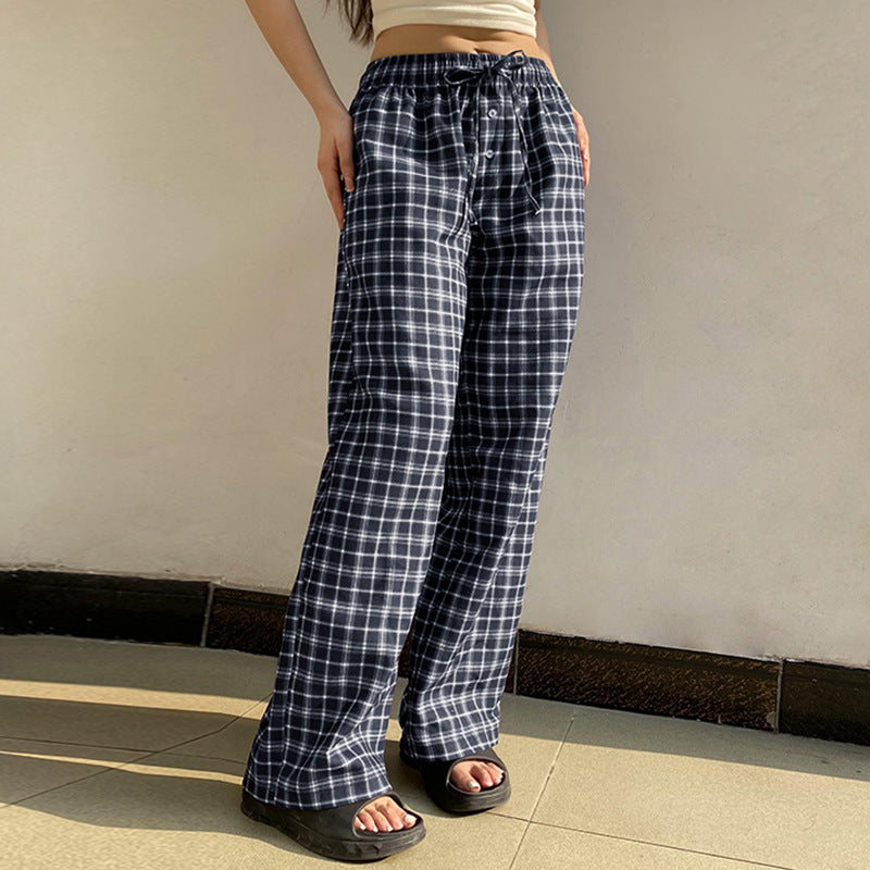 Womens Lace-up Button Casual Baggy Straight Trousers