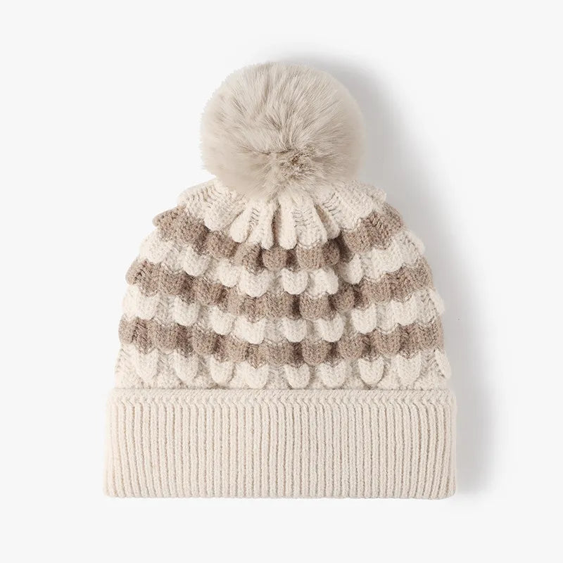 Striped contrast knit hat with pom-pom - view 4
