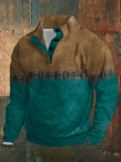 Pull homme hiver à col montant, demi-boutonné, manches longues et imprimé numérique