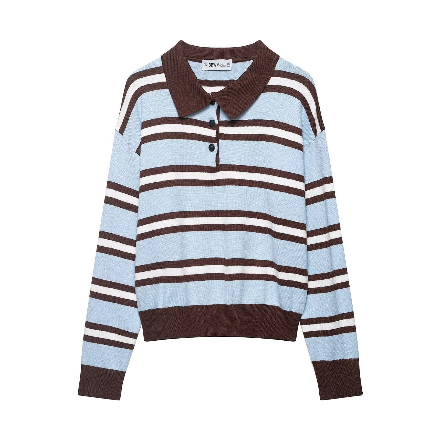 Loose contrasting striped polo shirt collar pullover knit sweater