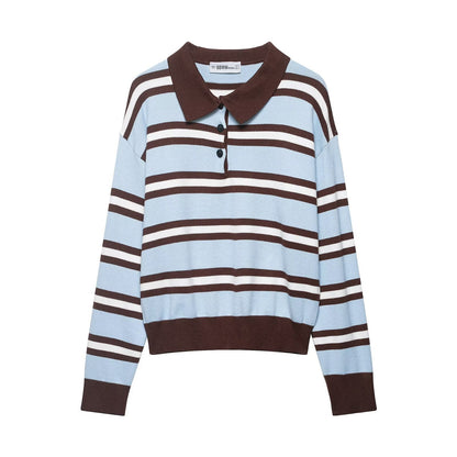 Loose contrasting striped polo shirt collar pullover knit sweater