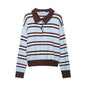 Loose contrasting striped polo shirt collar pullover knit sweater